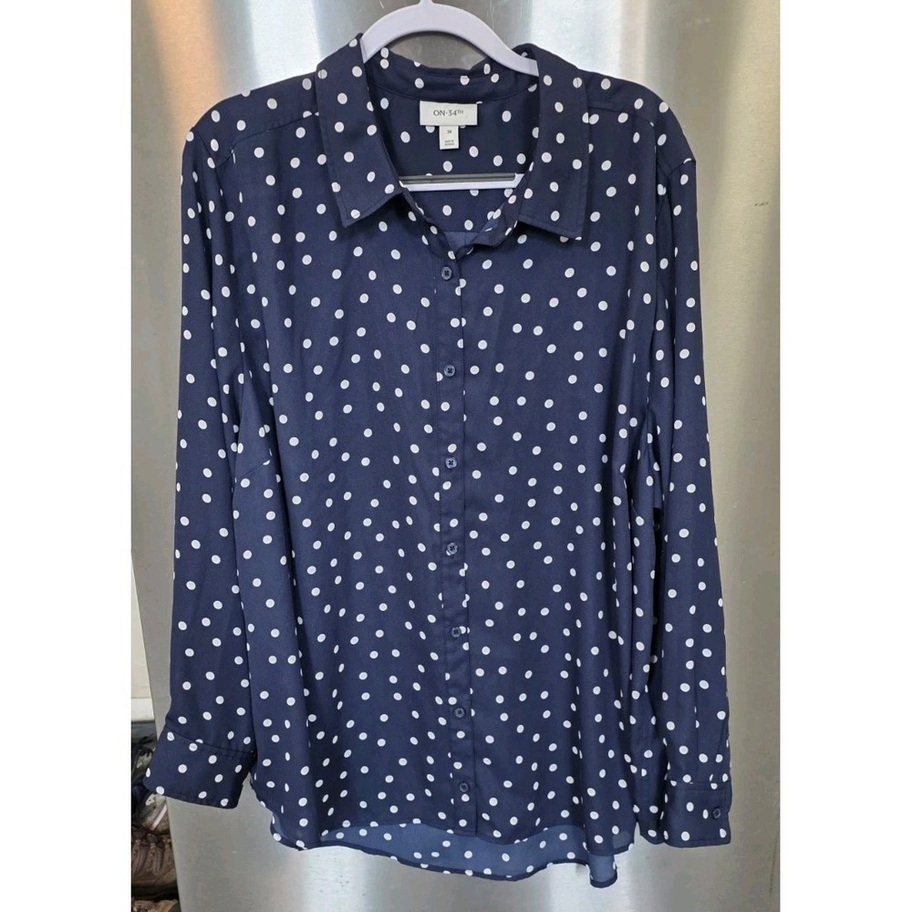 On‎ 34th Women 3X Plus Blouse Navy/White polka dot Button Up Flowy Shirt Capsule
